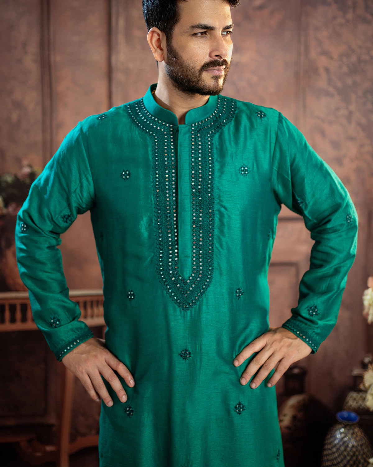 Peacock Green Falling Silk Kurta with Mirror Work - Image 2