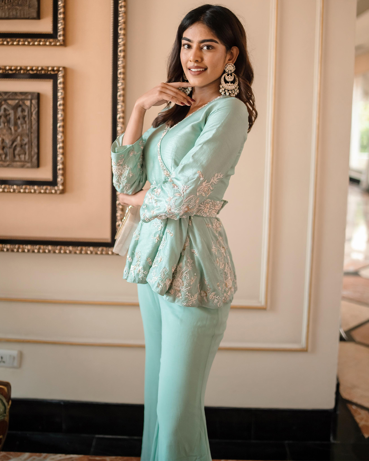 Green Short Kurta with Pearl Work and Flared Pants - Image 3