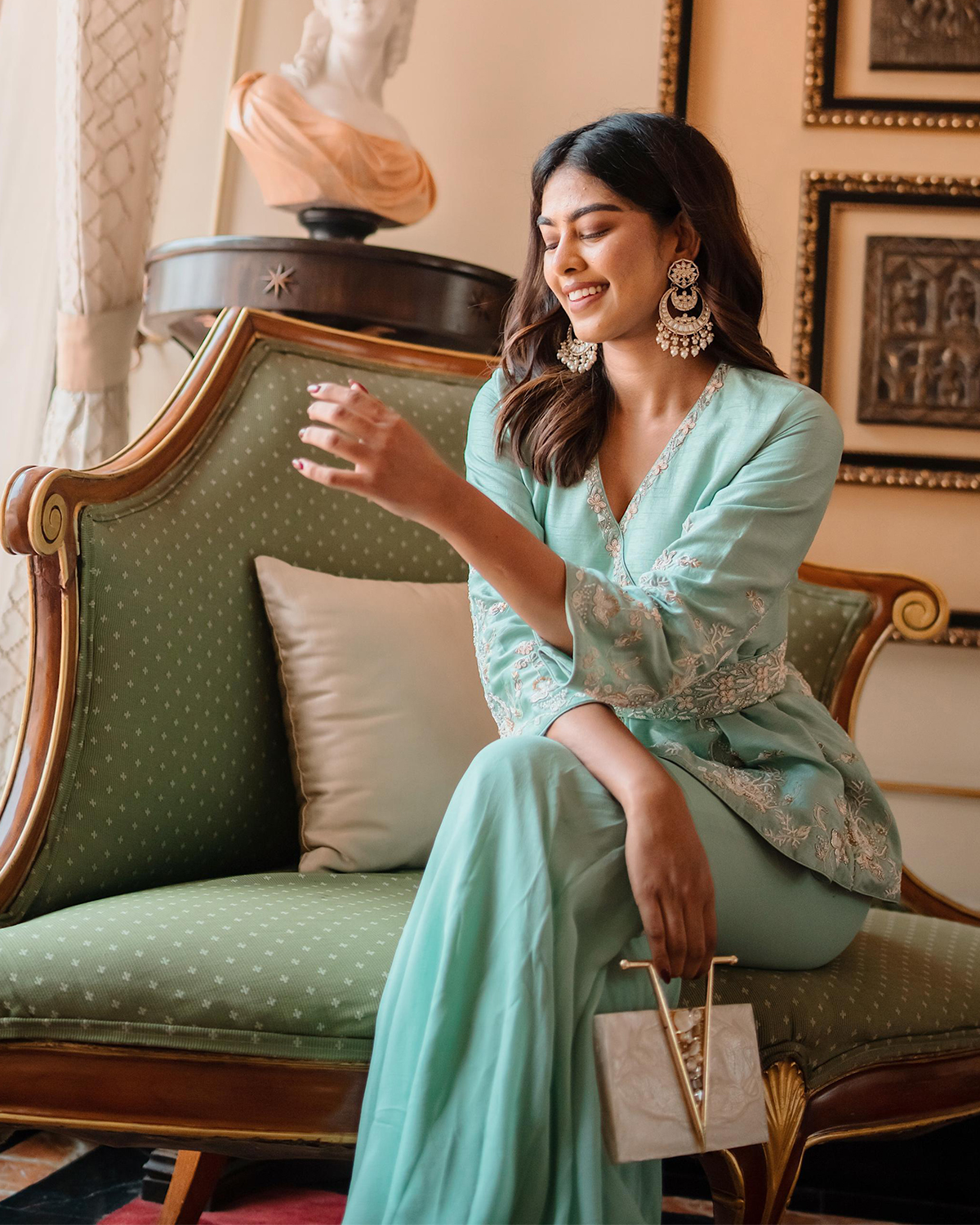 Green Short Kurta with Pearl Work and Flared Pants - Image 2