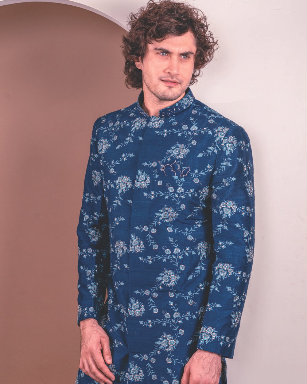Sunaina Rao Blue Rawsilk Sherwani Embossed with Flowers & Highlighted with Work ...