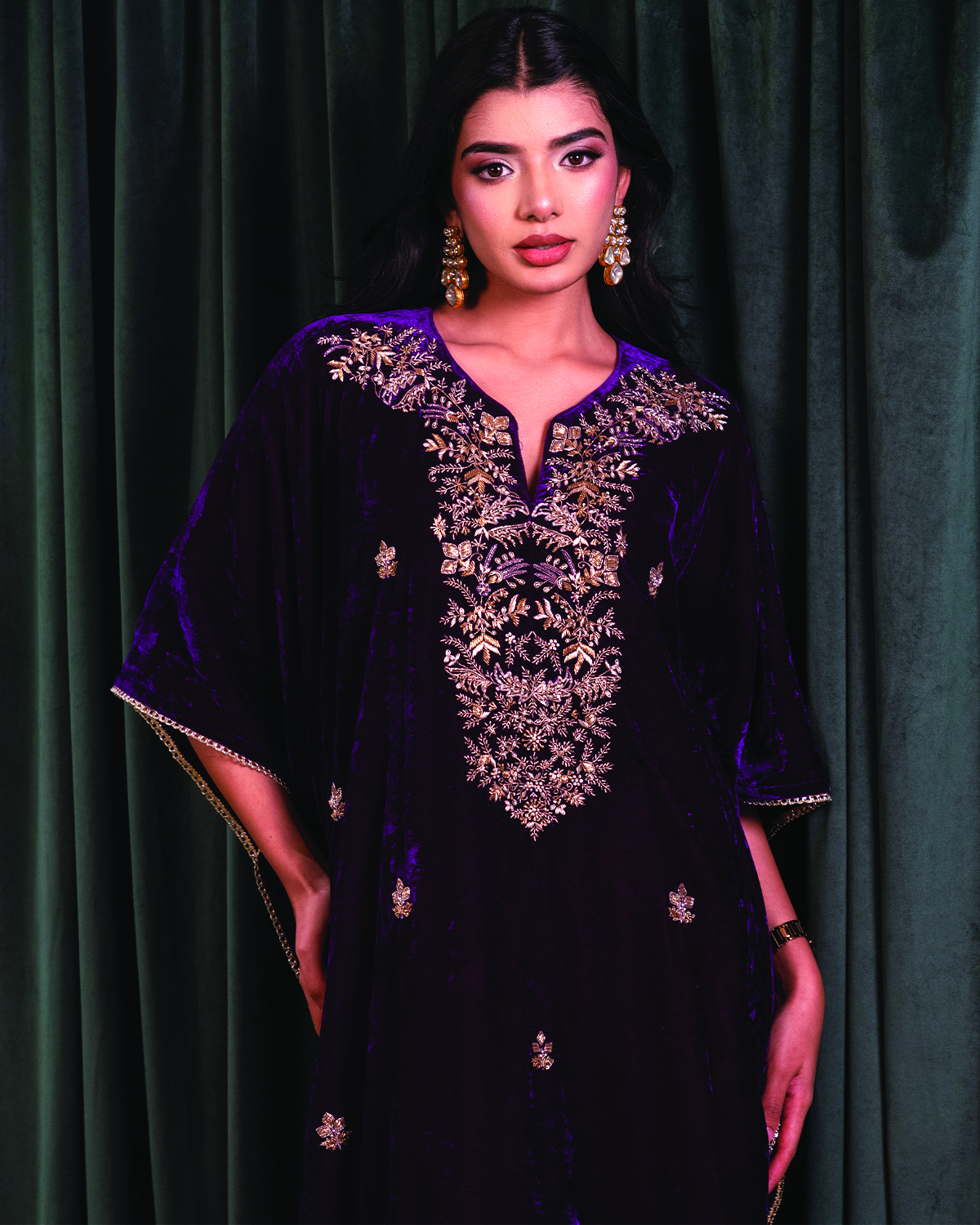 Velvet Purple Kaftan with Zardosi Work Paired with Pink Velvet Pants - Image 2