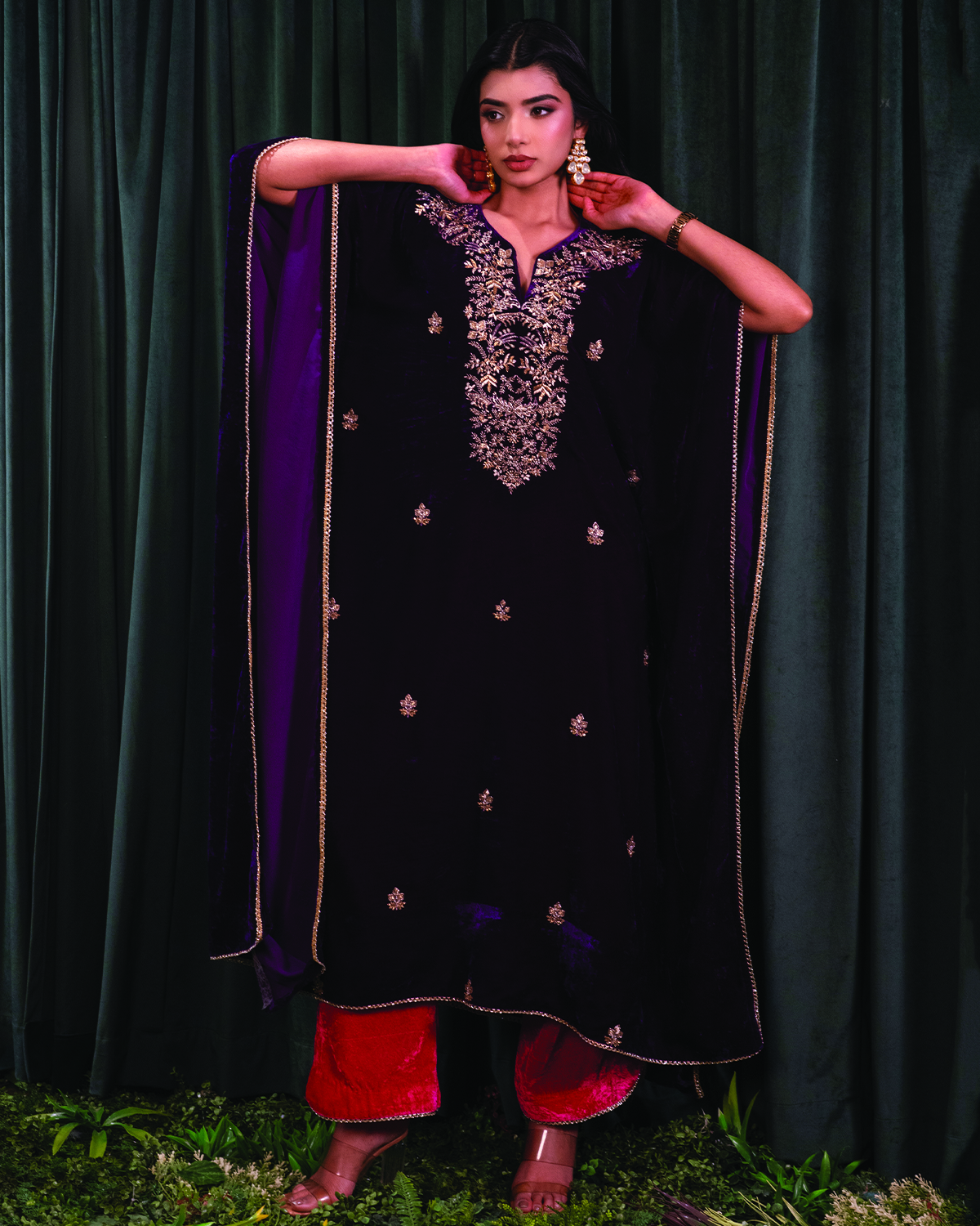 Velvet Purple Kaftan with Zardosi Work Paired with Pink Velvet Pants - Image 3