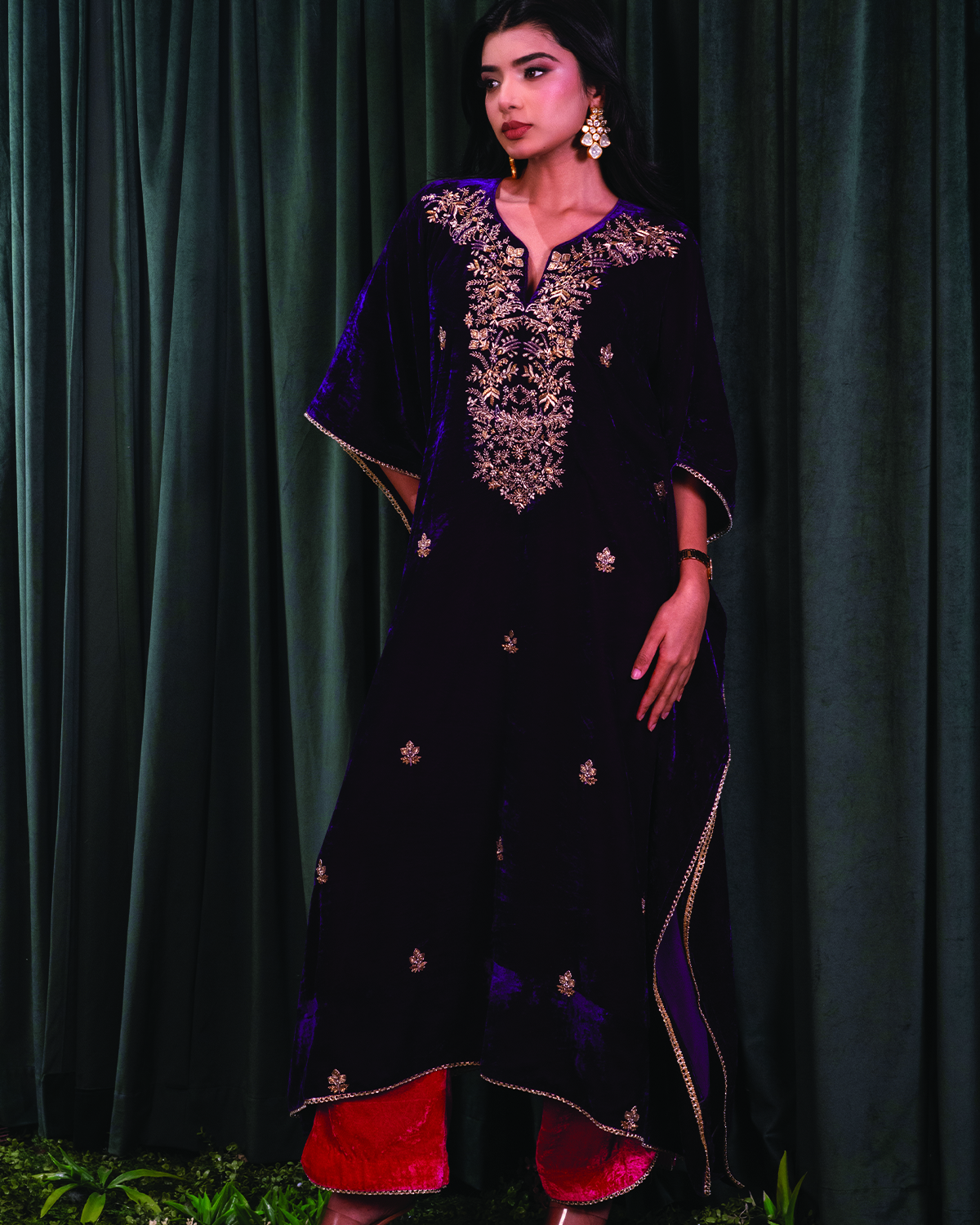 Velvet Purple Kaftan with Zardosi Work Paired with Pink Velvet Pants - Image 4